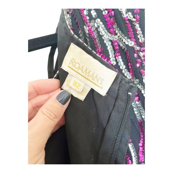 Roamans Silver/Hot Pink 80s VTG Wavy Sequin Maxi Dress Scallop Hem Sz B2=L - Picture 6 of 7